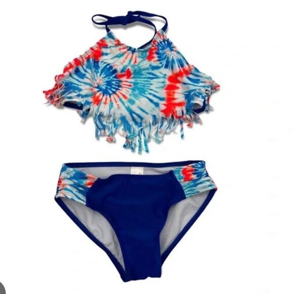 Cat & Jack Girls Blue Tie Dye Fringe Halter Neck 2 Piece Swimsuit Size 7-8 M - Picture 1 of 4